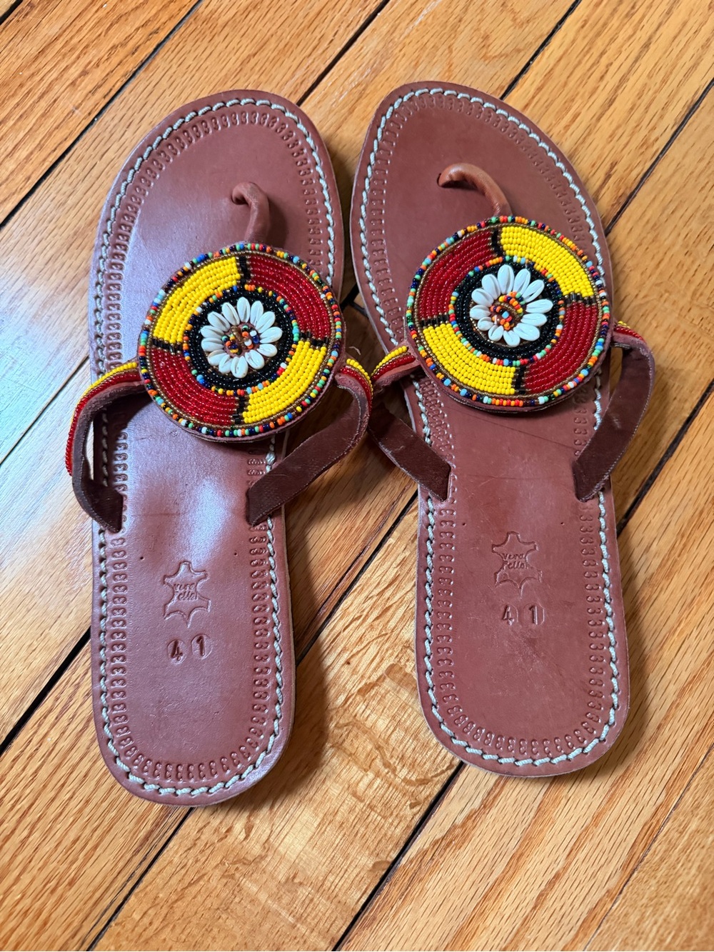 Beaded Floral Round Medallion Leather Sandals - Brown / Yellow / Red